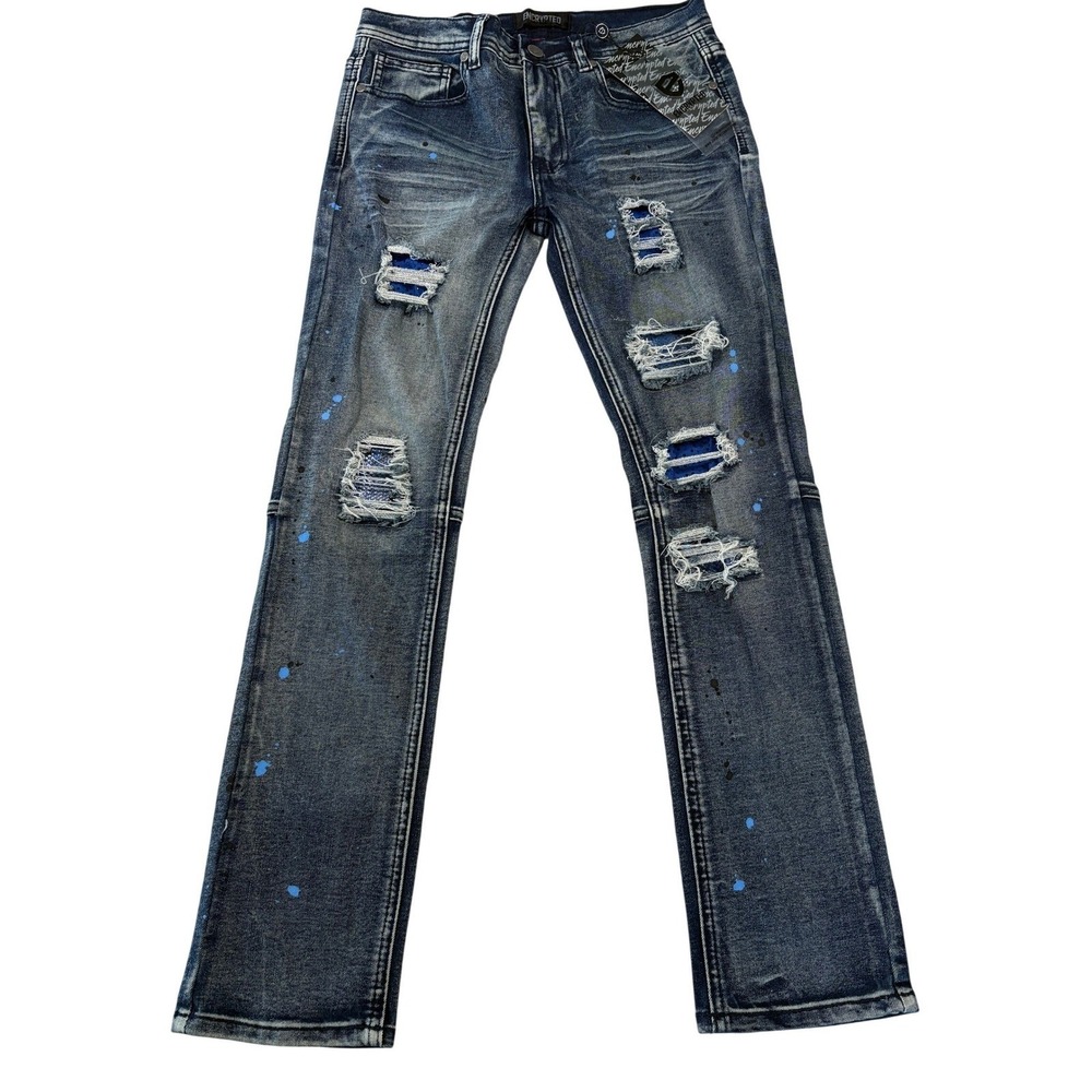 Encrypted NYC Boys Skinny Fit Distressed Blue Paint Splatter Jeans Size 14 NWT